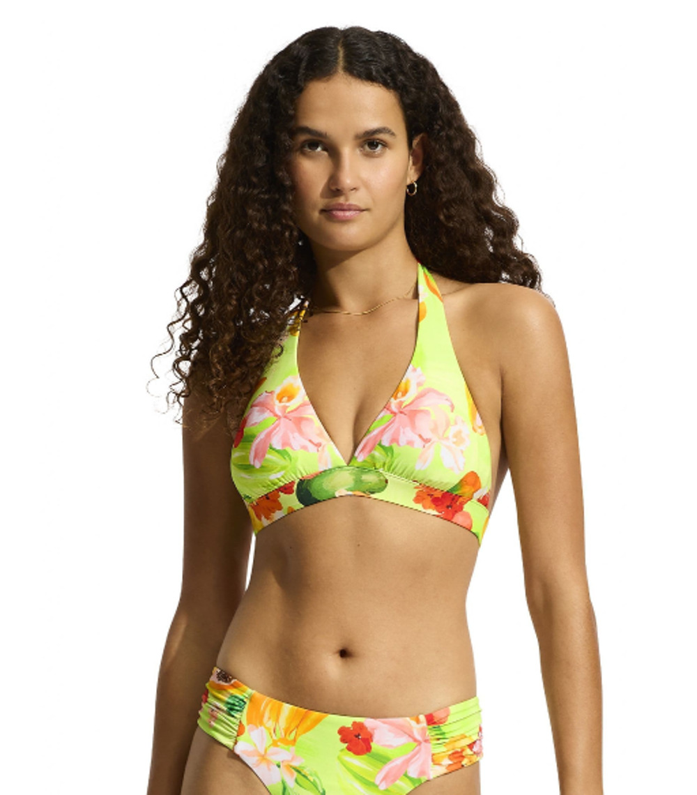 SEAFOLLY Womens Tropique Multi Fit Triangle Bikini Top Size 6 Green Longline NWT